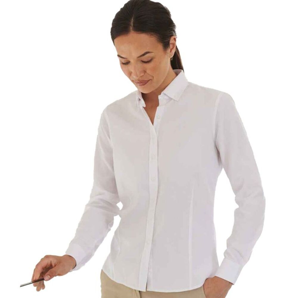 Henbury Womens/Ladies Cotton CoolPlus Long-Sleeved Formal Shirt / White